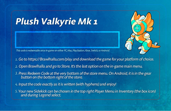 Brawllaria plush Valkyrie Mk 1 redeem code card with instructions on a blue background