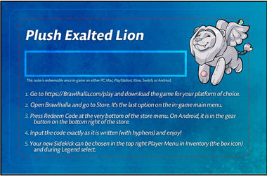 Load image into Gallery viewer, Brawhalla game code redemption screen for a 'Plush Exalted Lion' sidekick.