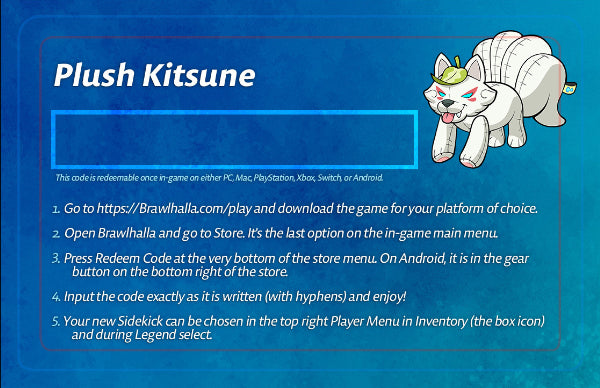 Plush Kitsune code redemption screen with instructions on a blue background