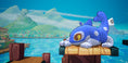 Load image into Gallery viewer, Blue cartoon creature on a dock with a scenic background