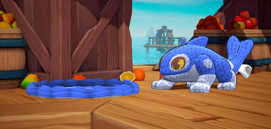 Load image into Gallery viewer, Animated blue creature on a wooden deck with sea and ship in the background