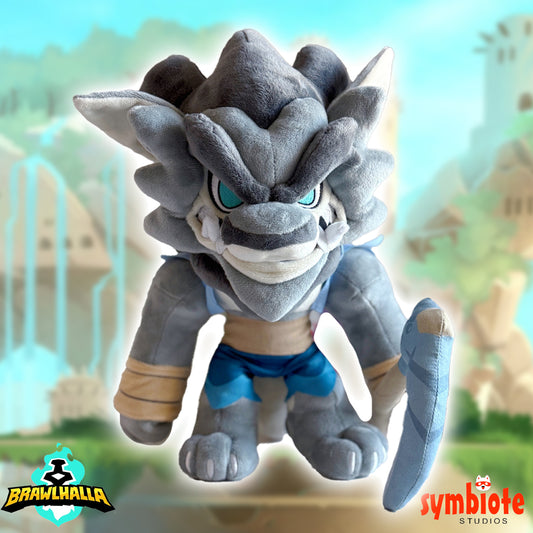 Plush toy of a character from Brawlhalla with a blurred background