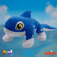 Load image into Gallery viewer, Blue plush shark toy with a yellow eye on a blue background, featuring Rivals of Aether and Symbiote Studios logos.
