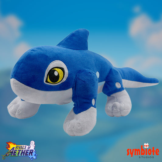 Blue plush shark toy with a yellow eye on a blue background, featuring Rivals of Aether and Symbiote Studios logos.