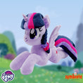 Load image into Gallery viewer, Plush toy of a purple pony with pink and black accents against a blurred outdoor background