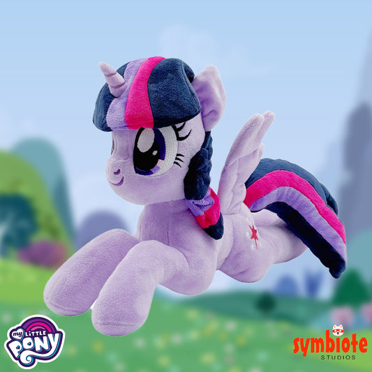 Plush toy of a purple pony with pink and black accents against a blurred outdoor background