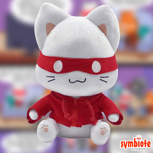 White plush toy with red outfit and headband on a colorful background, featuring the 'symbiote STUDIOS' logo.