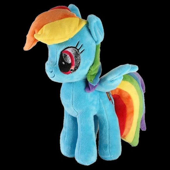 Plush toy of a blue pony with a rainbow mane and tail on a black background