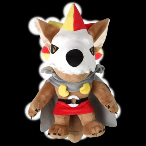 Plush toy resembling a fox character with a red and yellow outfit on a black background