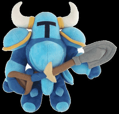 Blue plush toy with a helmet, axe, and shield on a white background