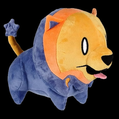 Plush toy of a lion character with a blue outfit on a black background