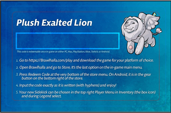 Brawhalla game code redemption screen for a 'Plush Exalted Lion' sidekick.